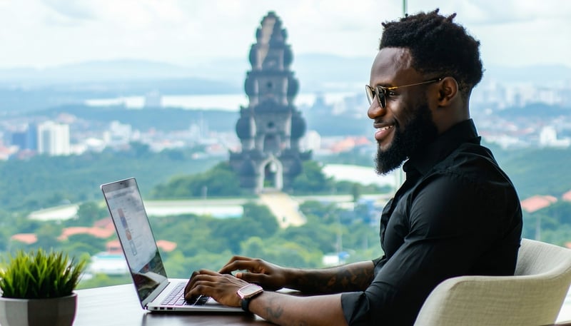 Jamaican professional working remotely on a laptop with international landmarks in the background