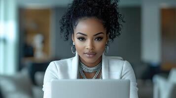 stylish-businesswoman-with-smartphone-and-laptop-shopping-online-elegant-office-decor-photo